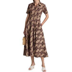 Elisamama Feyi Short Sleeve Midi Shirt Dress Womens L Brown Tan Abstract Floral